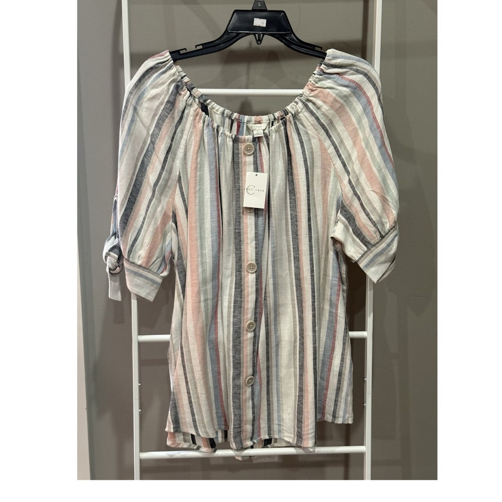 C. EST. 1946 Multicolor Striped Scoop Neck Linen Rayon Blouse L‎ Coastal Grandma